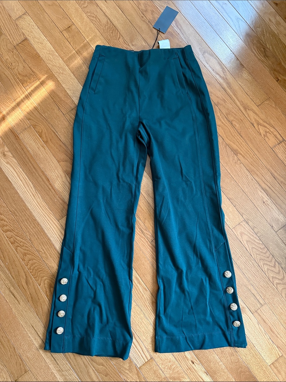 Dark Green Women's Teal Wide-Leg Pants with Button Detail